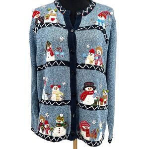 White Stag Blue Knitted Embroidered Beaded Sequin Button Front Cardigan 18W